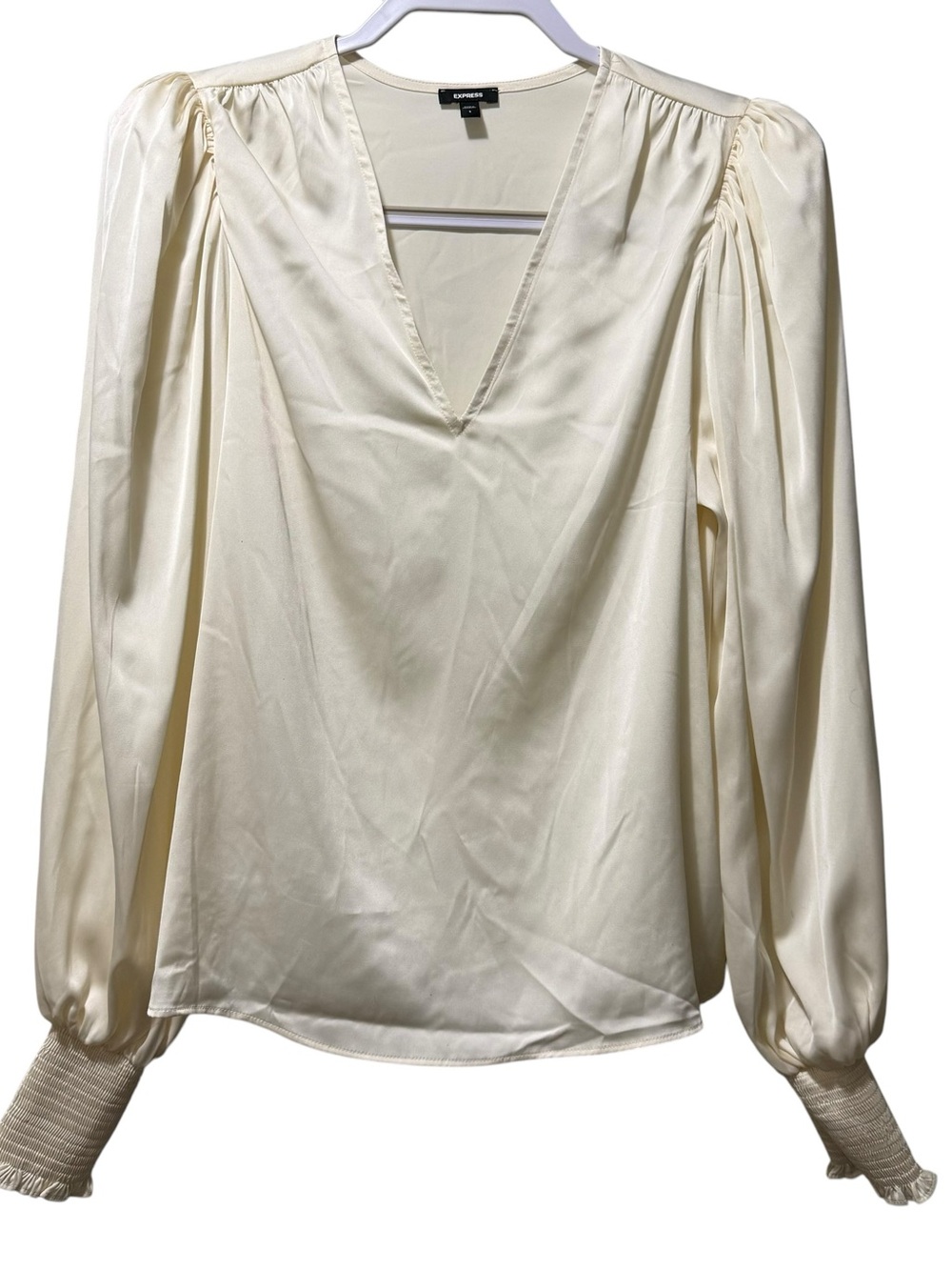 Express Cream Satin V-Neck Blouse with Puff Sleeves
